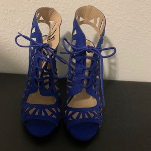 Qupid Blue Caged Lace Up front open toe heels